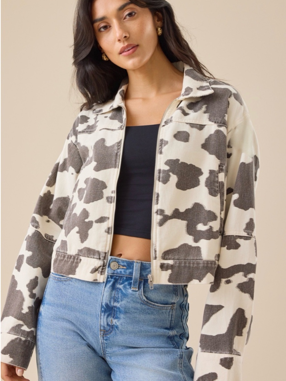 Altar'd State Cream & Gray Cropped Zip-Front Jacket